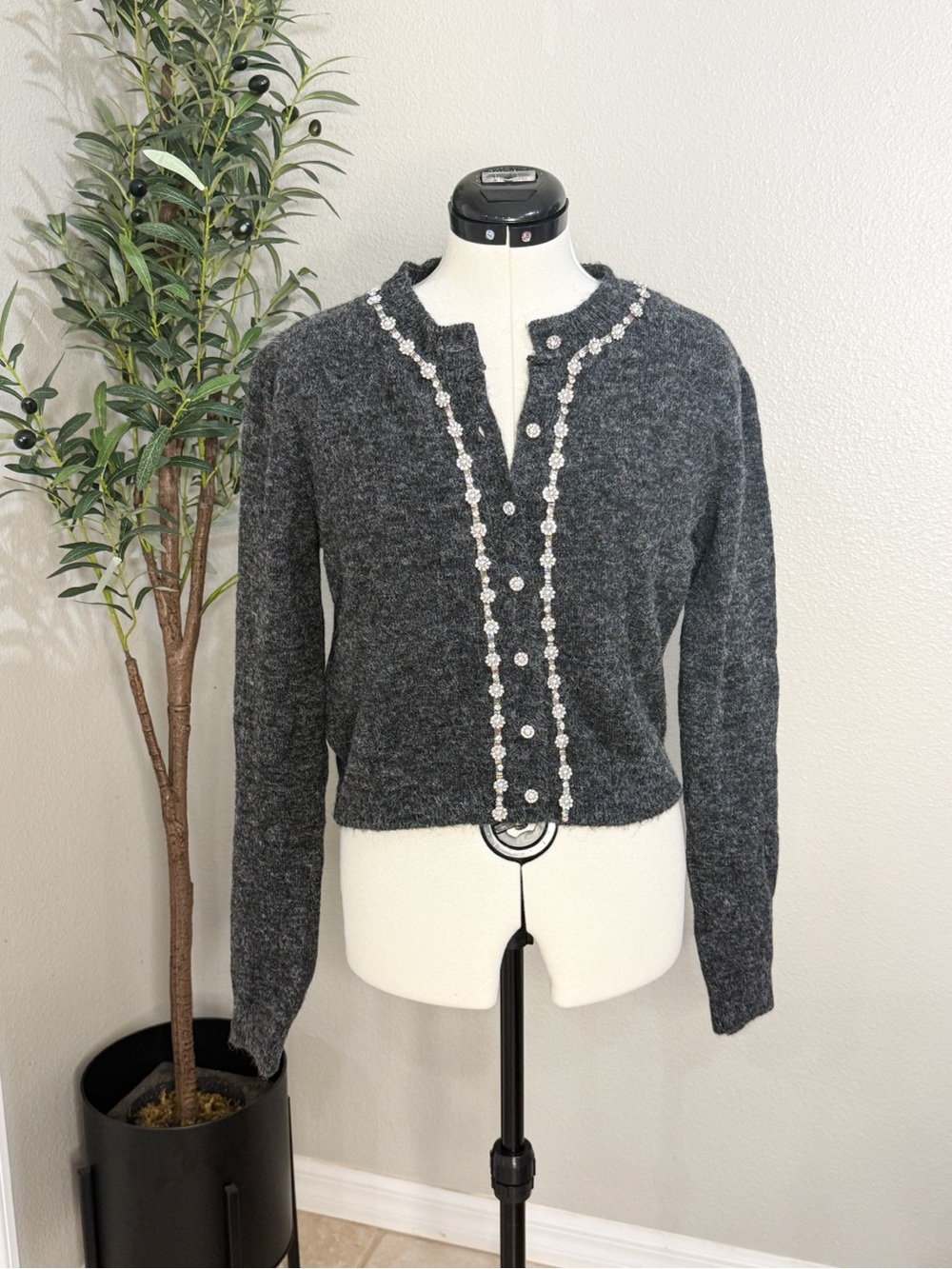 Maeve Charcoal Embellished Button Cardigan Anthropologie